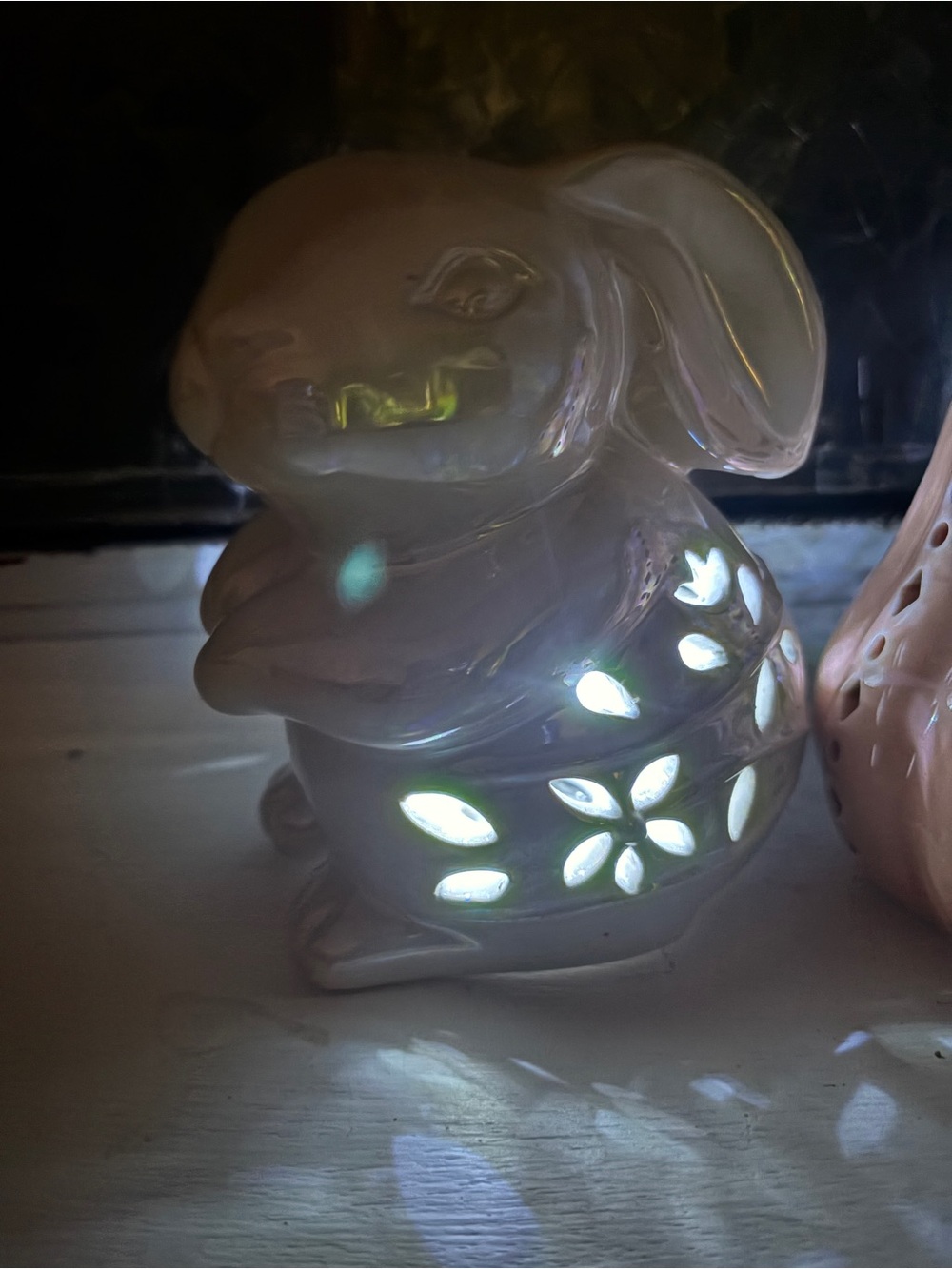 Iridescent Lusterware Ceramic Bunny Rabbit Figure with Cutouts - Picture 5 of 6